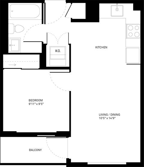Floor plan for 1 bed, 1 bath, 497 sqft